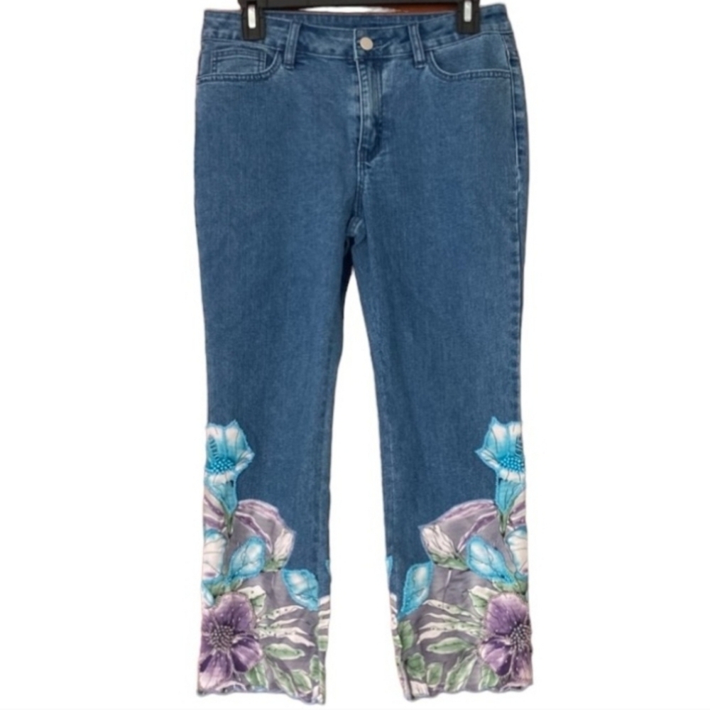Soft Surroundings Nevaeh Floral Beaded Jeans Cropped Denim Pants Size 4 Petite